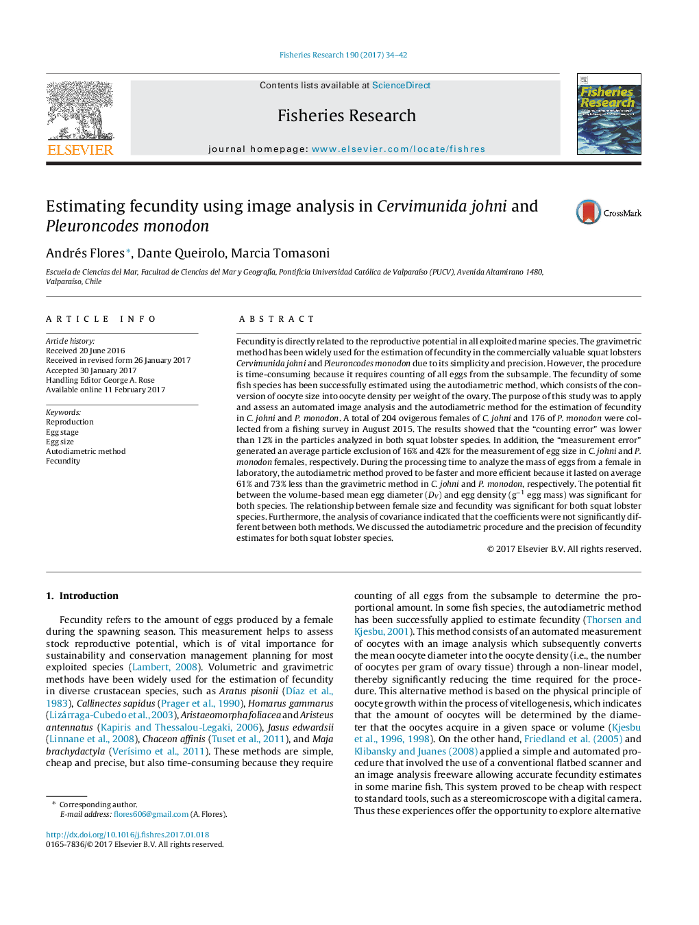 Estimating fecundity using image analysis in Cervimunida johni and Pleuroncodes monodon