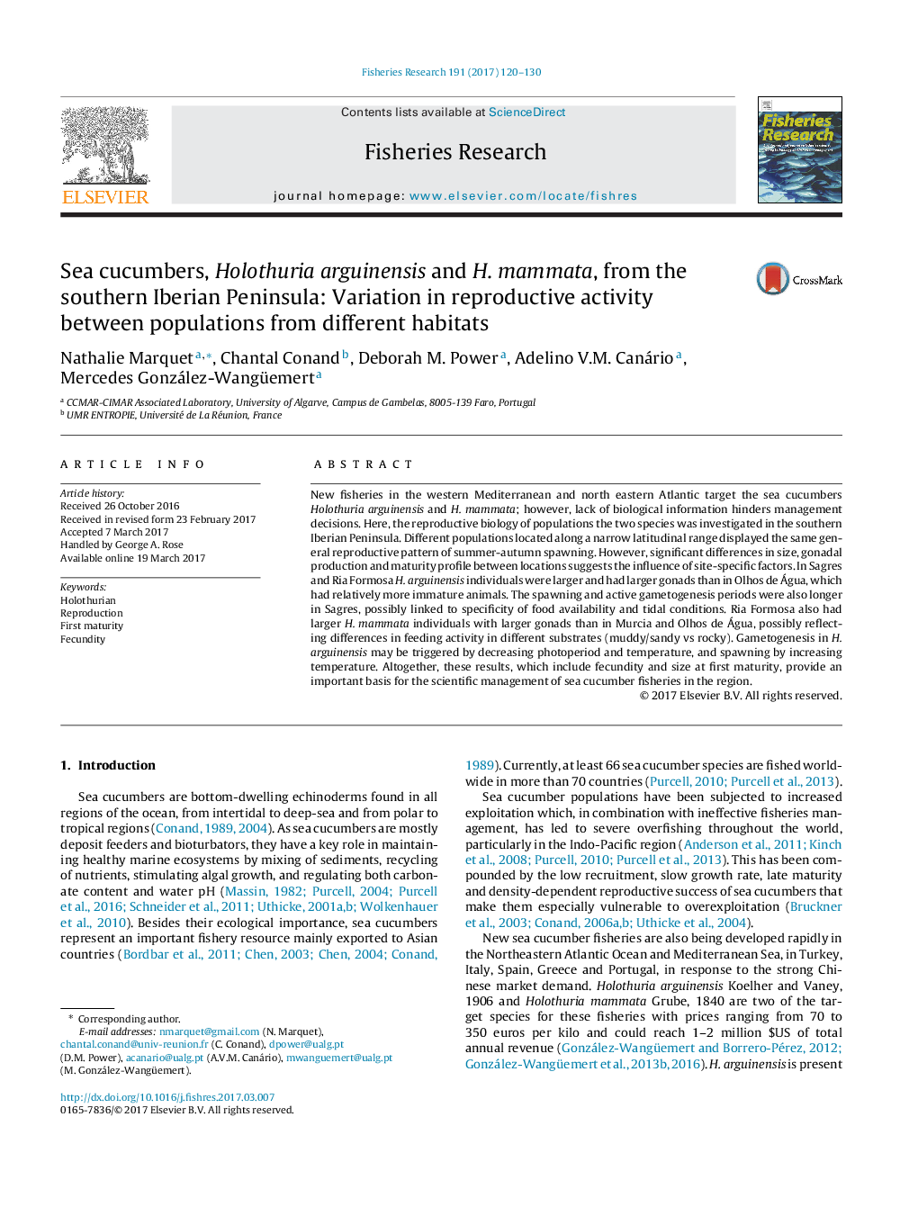 Sea cucumbers, Holothuria arguinensis and H. mammata, from the southern Iberian Peninsula: Variation in reproductive activity between populations from different habitats