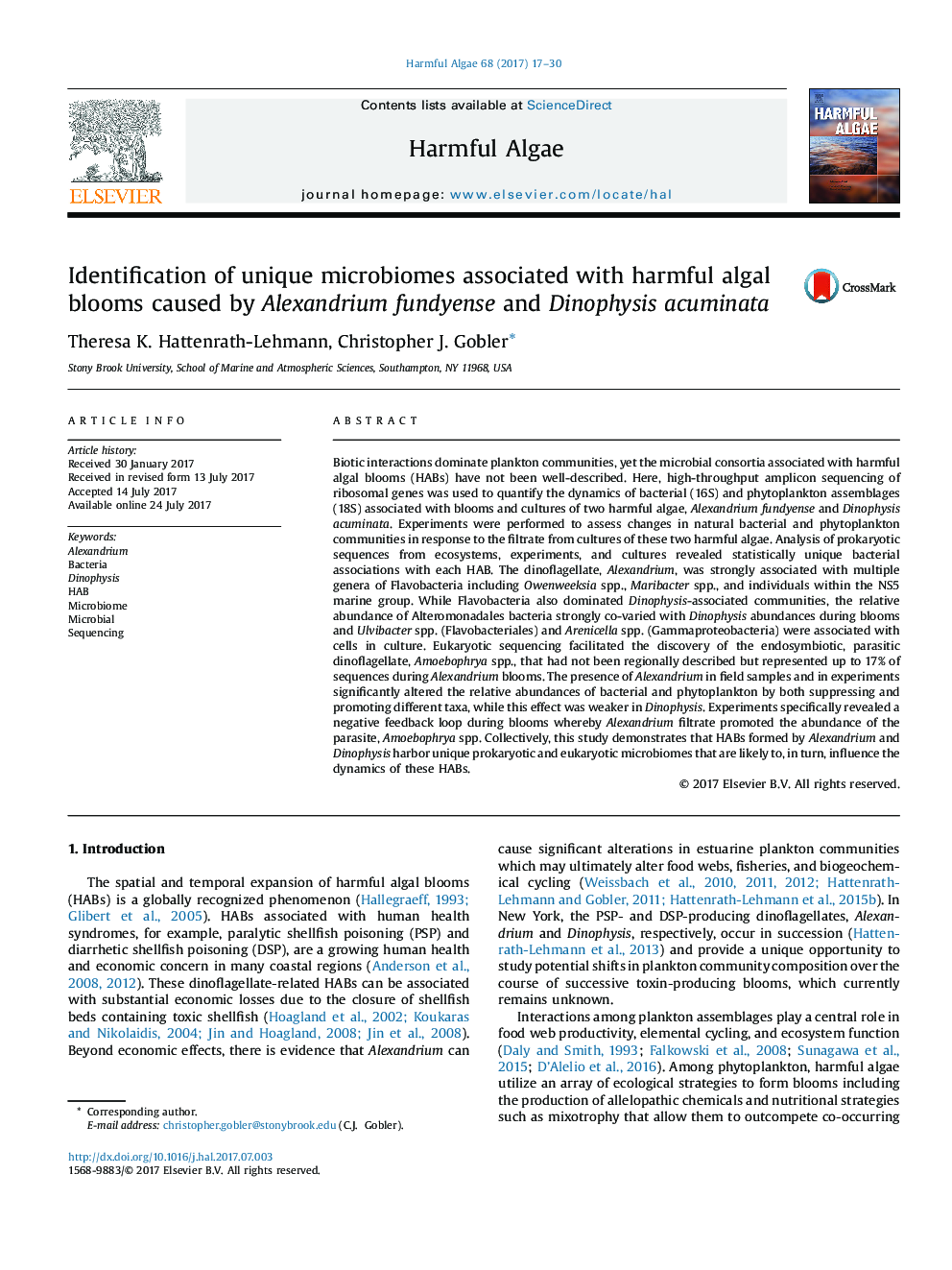 Identification of unique microbiomes associated with harmful algal blooms caused by Alexandrium fundyense and Dinophysis acuminata