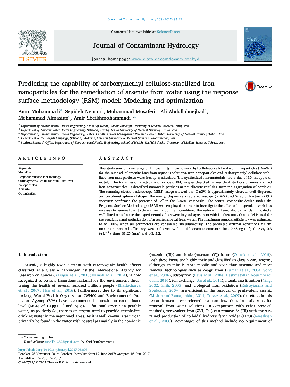 Predicting the capability of carboxymethyl cellulose-stabilized iron nanoparticles for the remediation of arsenite from water using the response surface methodology (RSM) model: Modeling and optimization