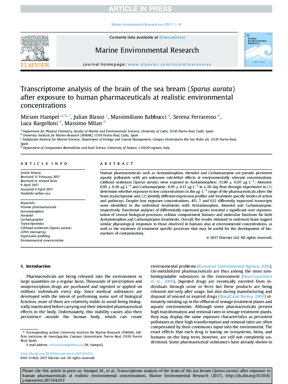 Transcriptome analysis of the brain of the sea bream (Sparus aurata) after exposure to human pharmaceuticals at realistic environmental concentrations