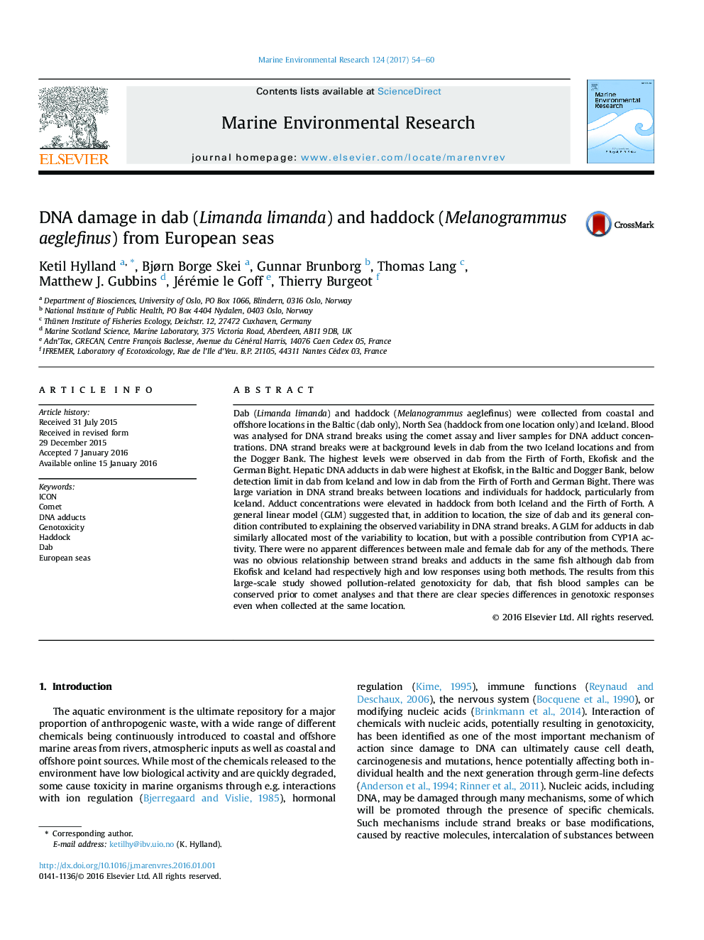 DNA damage in dab (Limanda limanda) and haddock (Melanogrammus aeglefinus) from European seas