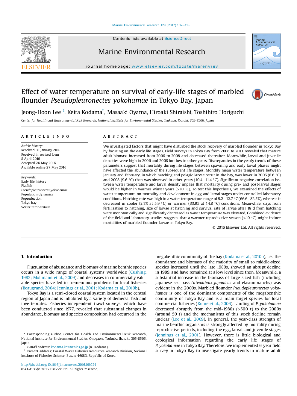 Effect of water temperature on survival of early-life stages of marbled flounder Pseudopleuronectes yokohamae in Tokyo Bay, Japan