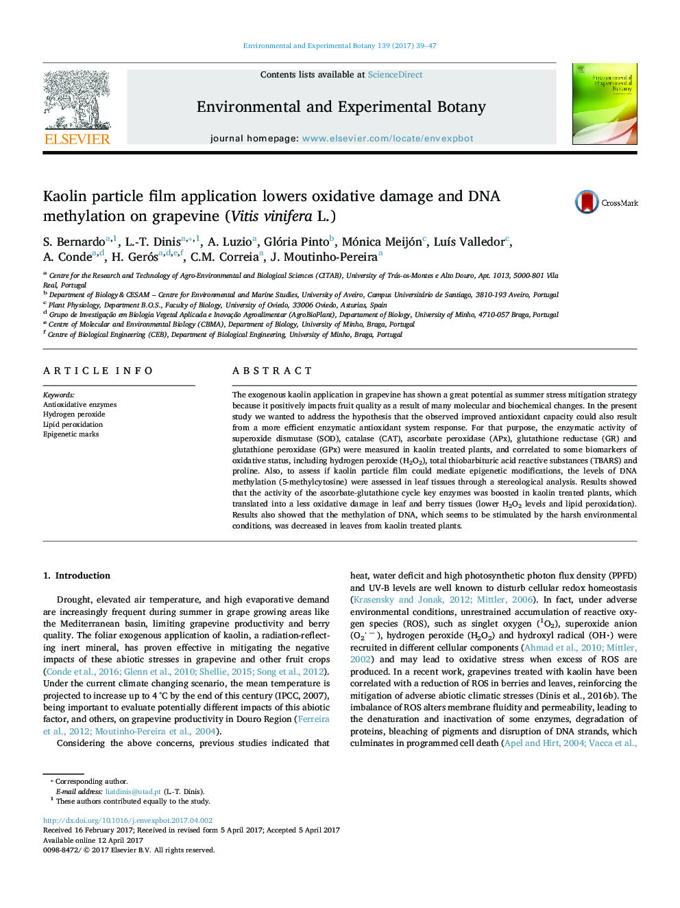 Kaolin particle film application lowers oxidative damage and DNA methylation on grapevine (Vitis vinifera L.)