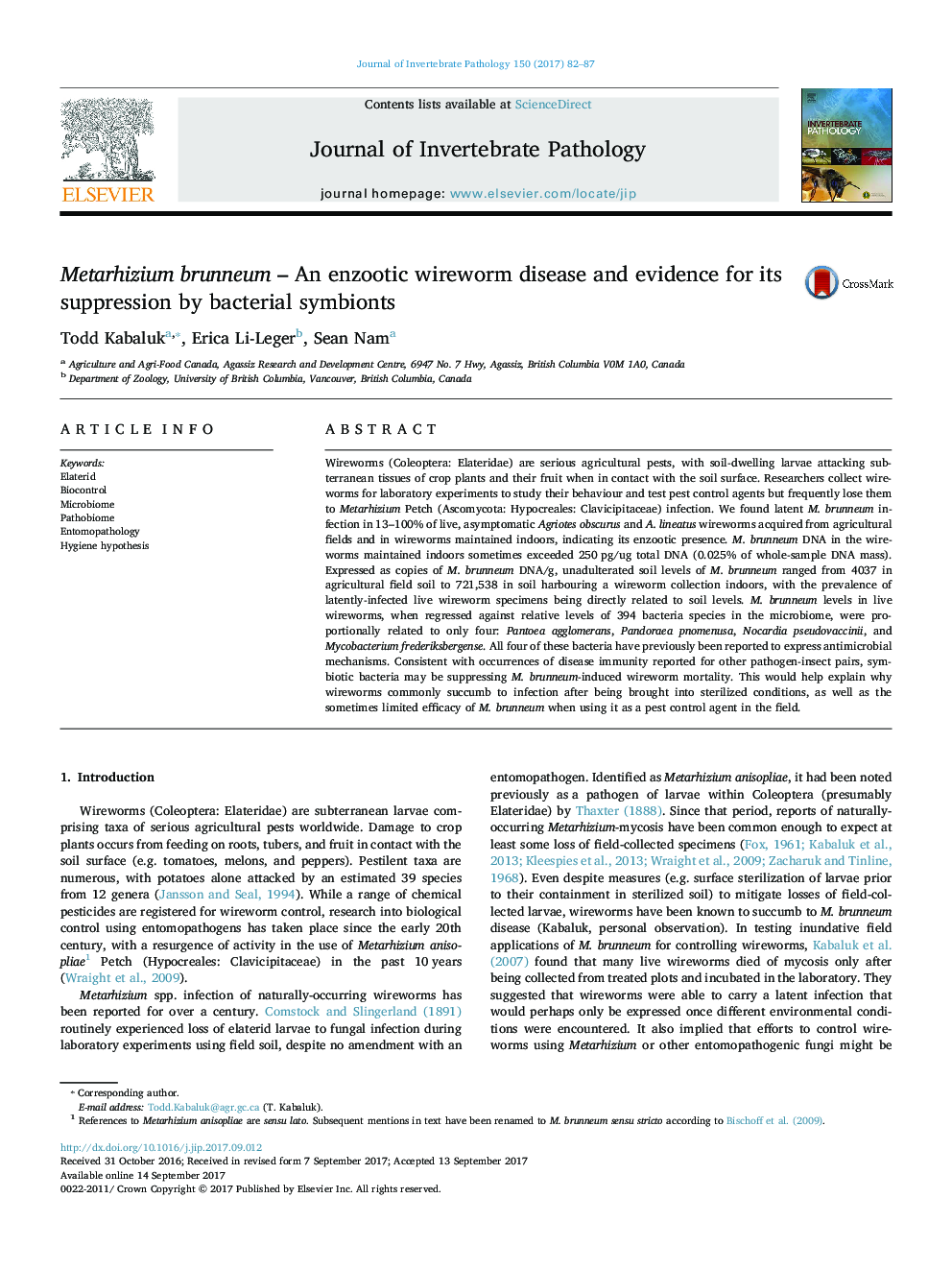 Metarhizium brunneum - An enzootic wireworm disease and evidence for its suppression by bacterial symbionts