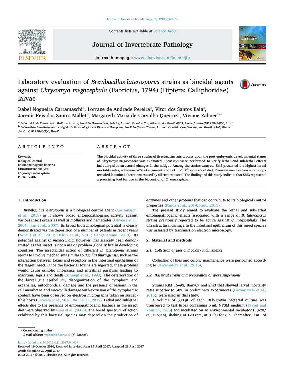 Laboratory evaluation of Brevibacillus laterosporus strains as biocidal agents against Chrysomya megacephala (Fabricius, 1794) (Diptera: Calliphoridae) larvae