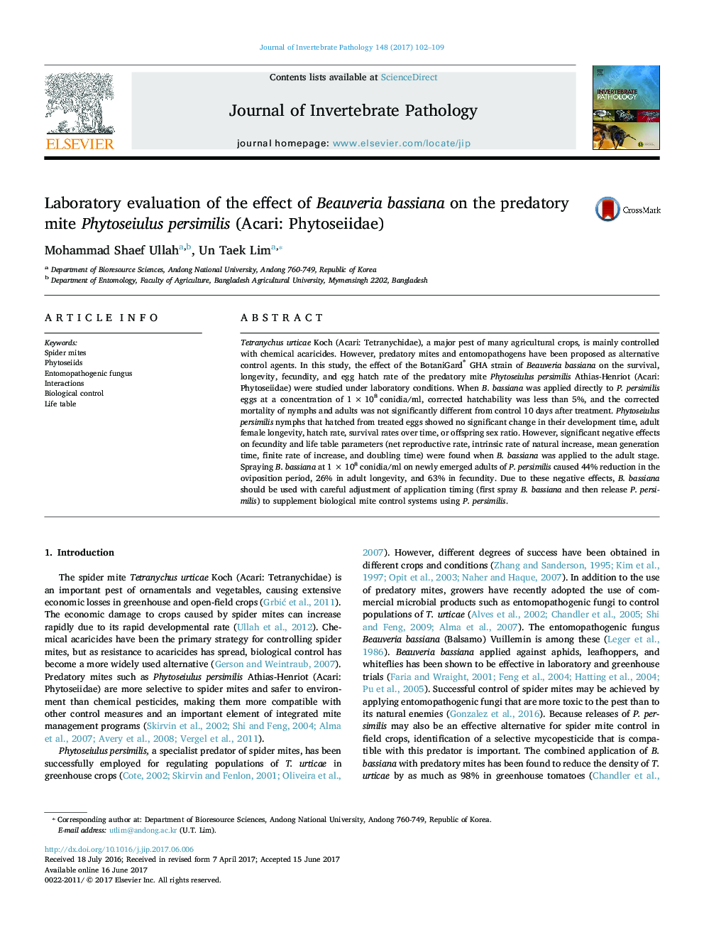 Laboratory evaluation of the effect of Beauveria bassiana on the predatory mite Phytoseiulus persimilis (Acari: Phytoseiidae)