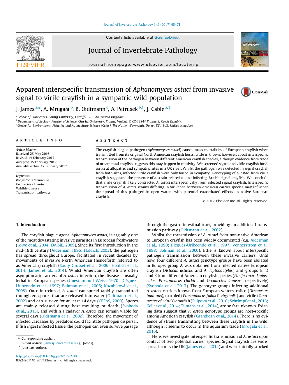 Apparent interspecific transmission of Aphanomyces astaci from invasive signal to virile crayfish in a sympatric wild population