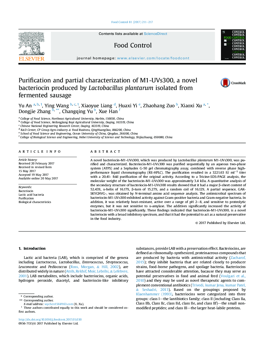 Purification and partial characterization of M1-UVs300, a novel bacteriocin produced by Lactobacillus plantarum isolated from fermented sausage