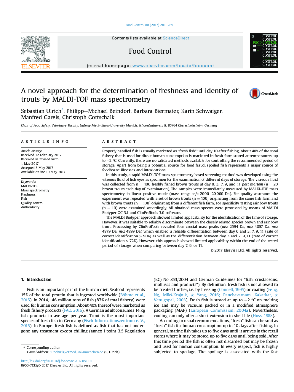 A novel approach for the determination of freshness and identity of trouts by MALDI-TOF mass spectrometry