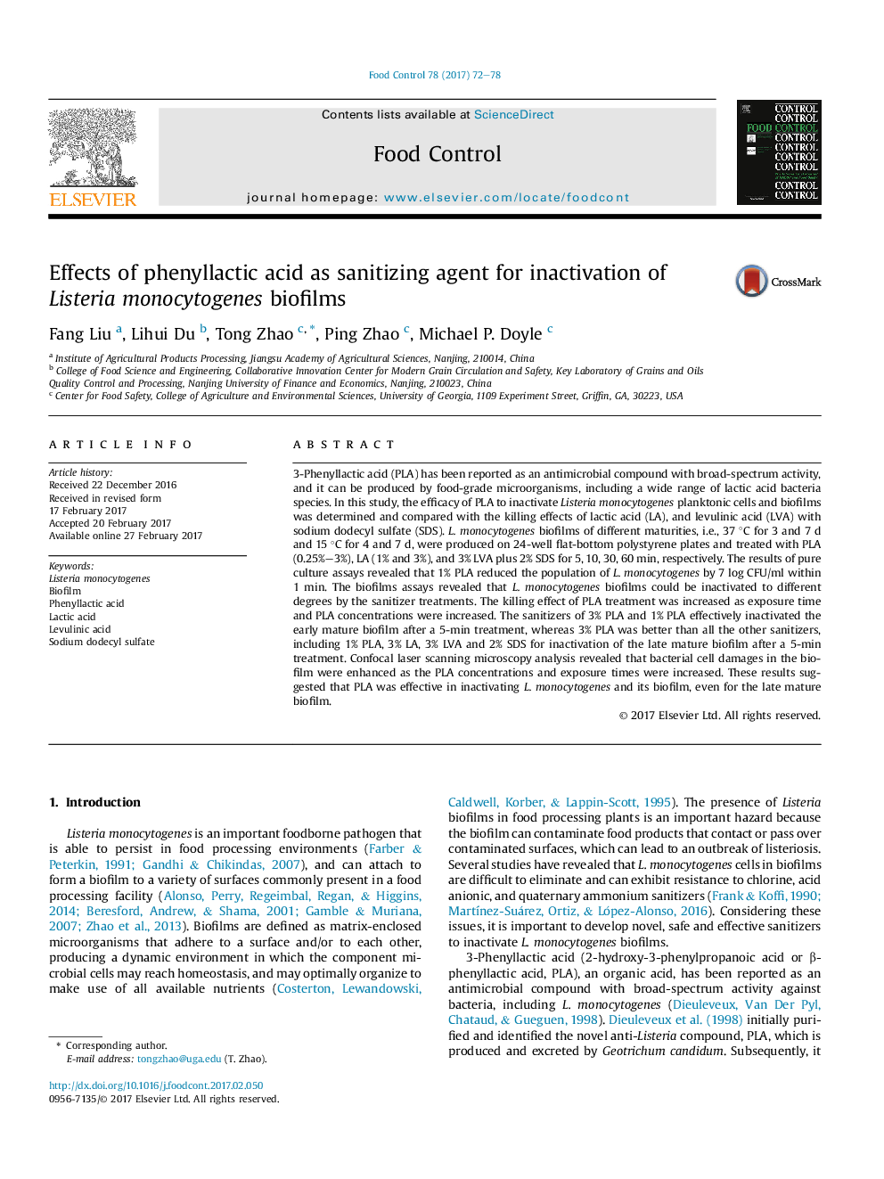 Effects of phenyllactic acid as sanitizing agent for inactivation of Listeria monocytogenes biofilms