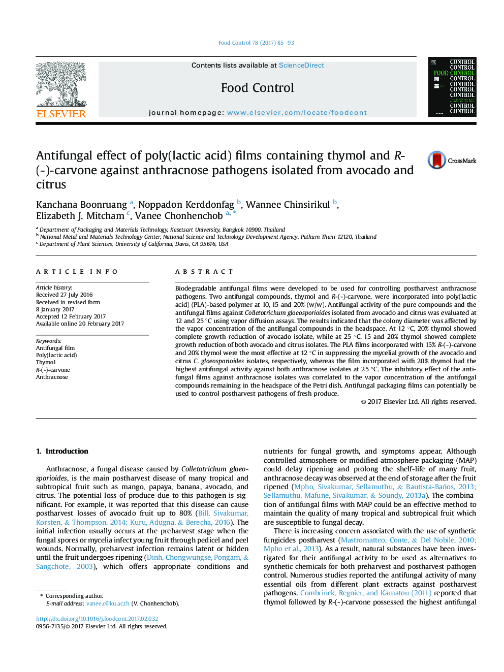 Antifungal effect of poly(lactic acid) films containing thymol and R-(-)-carvone against anthracnose pathogens isolated from avocado and citrus