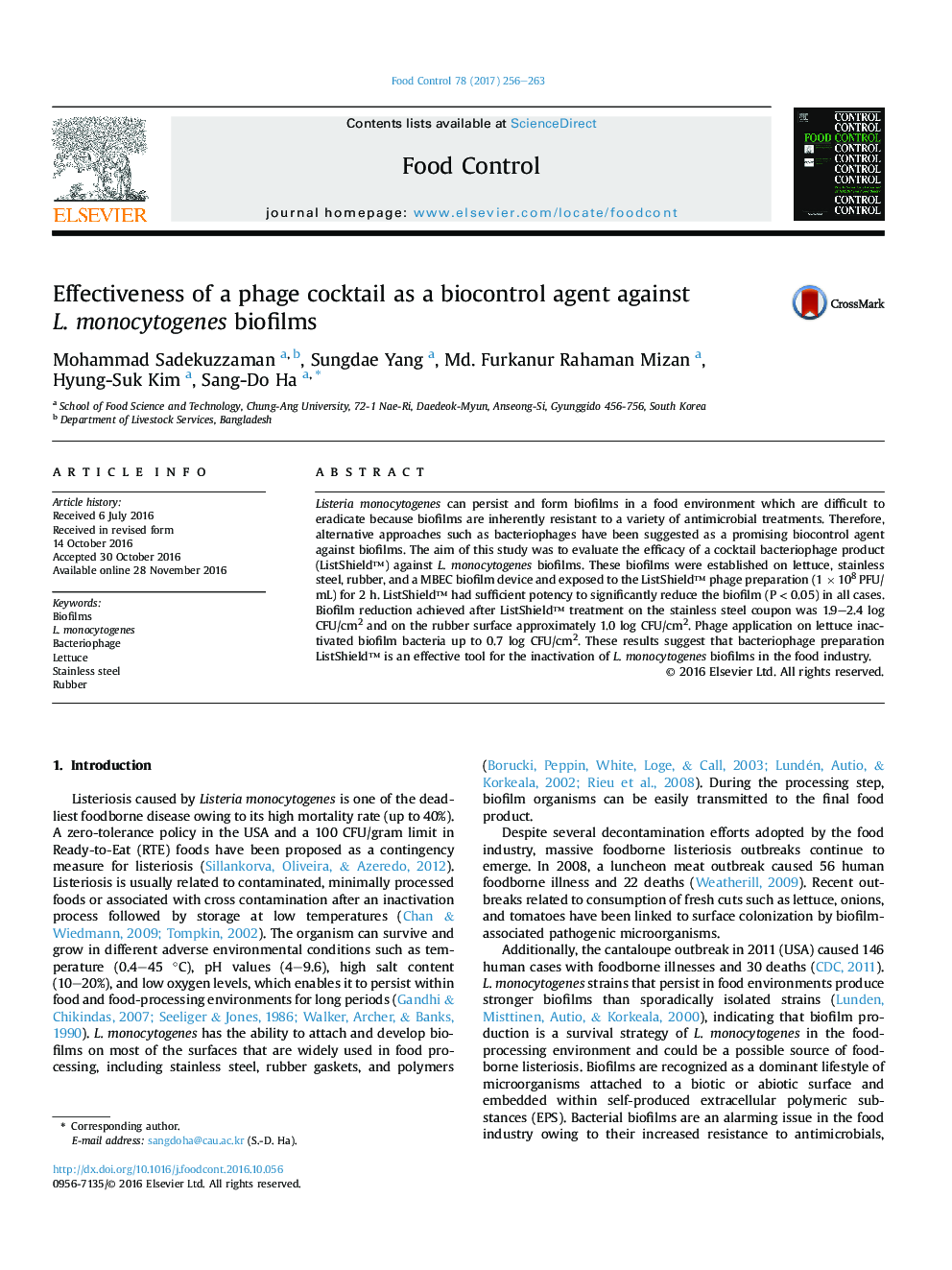 Effectiveness of a phage cocktail as a biocontrol agent against L.Â monocytogenes biofilms