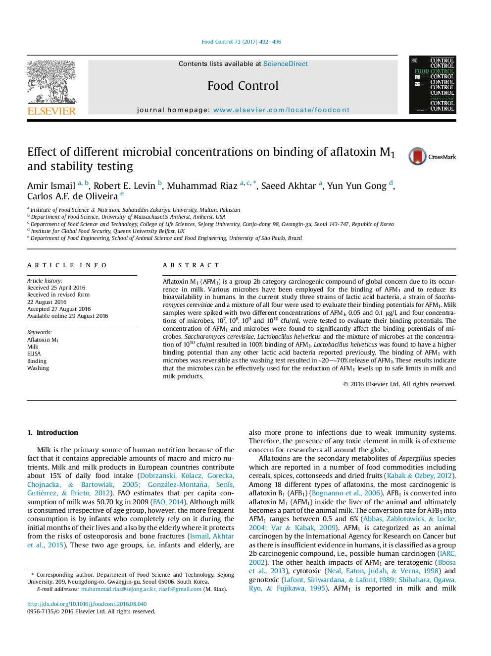 Effect of different microbial concentrations on binding of aflatoxin M1 and stability testing