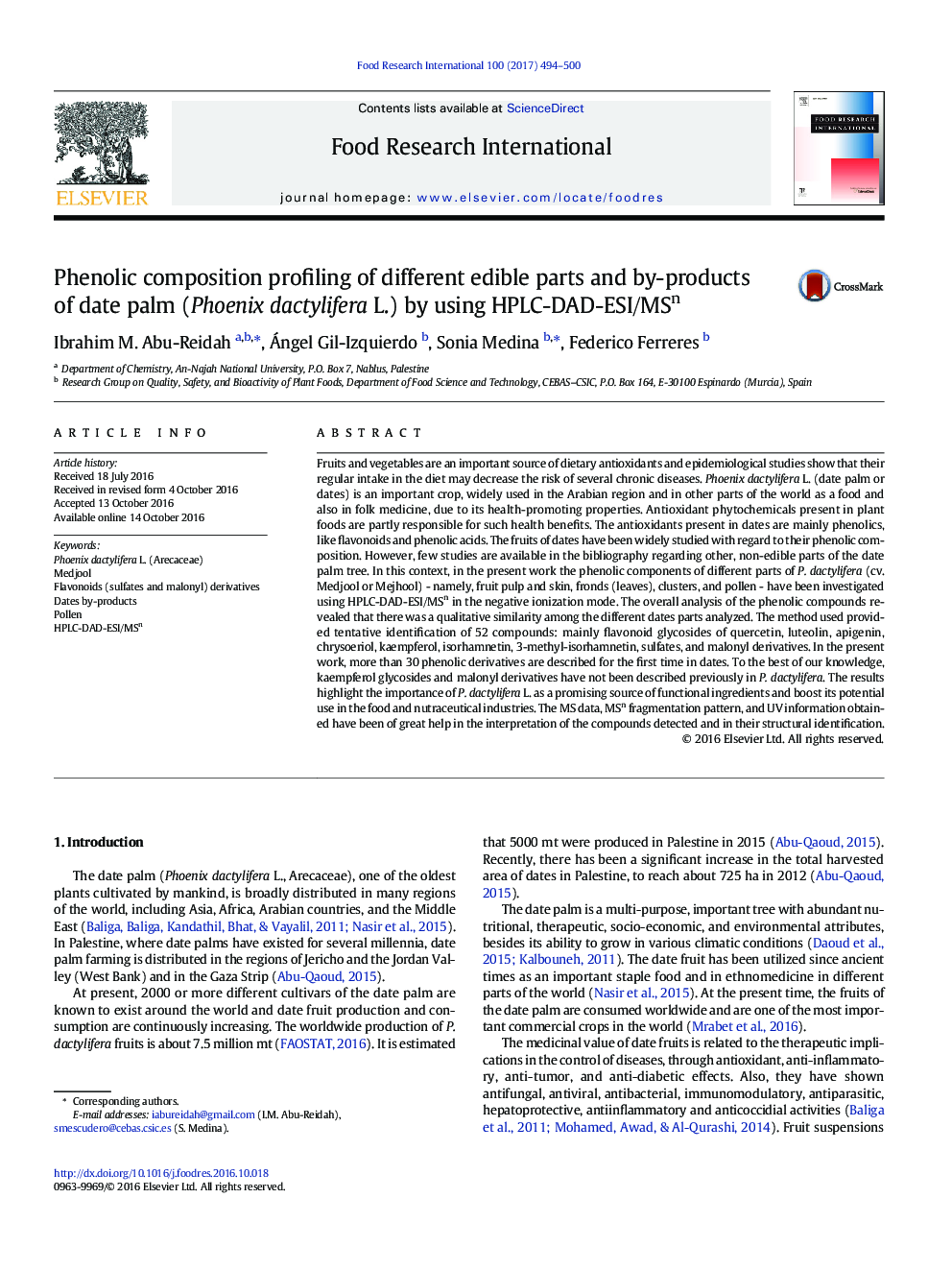 Phenolic composition profiling of different edible parts and by-products of date palm (Phoenix dactylifera L.) by using HPLC-DAD-ESI/MSn