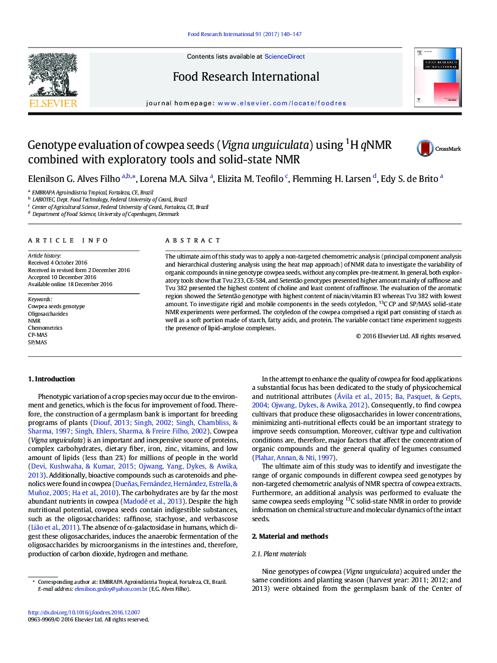 Genotype evaluation of cowpea seeds (Vigna unguiculata) using 1H qNMR combined with exploratory tools and solid-state NMR