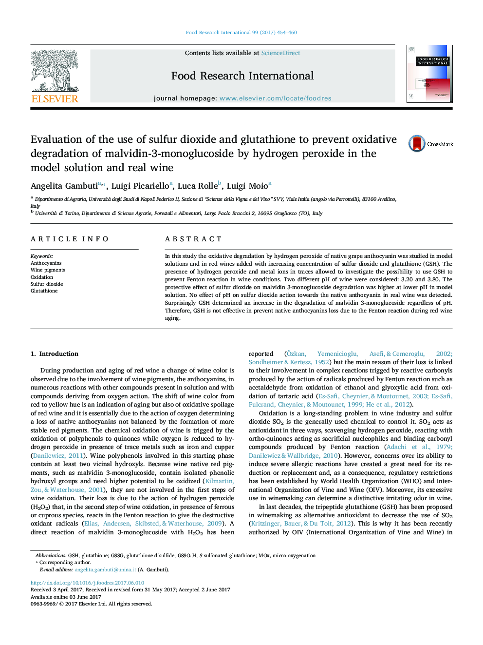 ارزیابی استفاده از دی اکسید گوگرد و گلوتاتیون برای جلوگیری از تجزیه اکسیداتیو مالیدین-3-مونوگلوکوزید توسط پراکسید هیدروژن در محلول مدل و شراب واقعی 