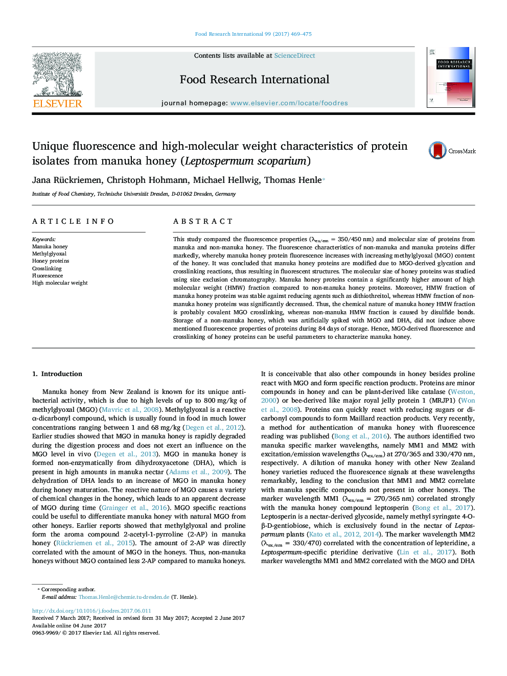 Unique fluorescence and high-molecular weight characteristics of protein isolates from manuka honey (Leptospermum scoparium)
