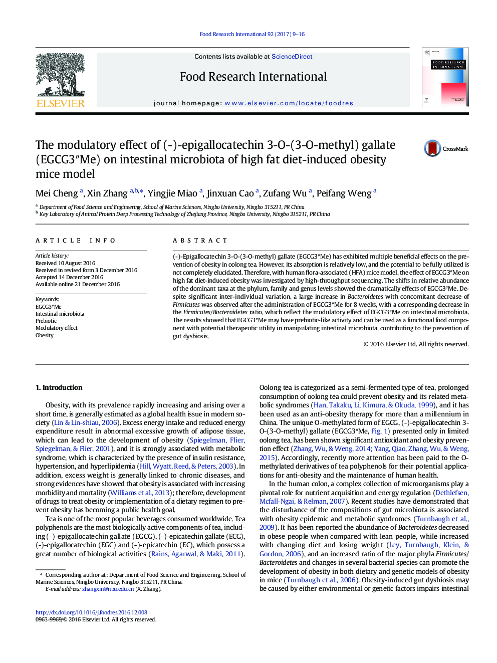 The modulatory effect of (-)-epigallocatechin 3-O-(3-O-methyl) gallate (EGCG3â³Me) on intestinal microbiota of high fat diet-induced obesity mice model