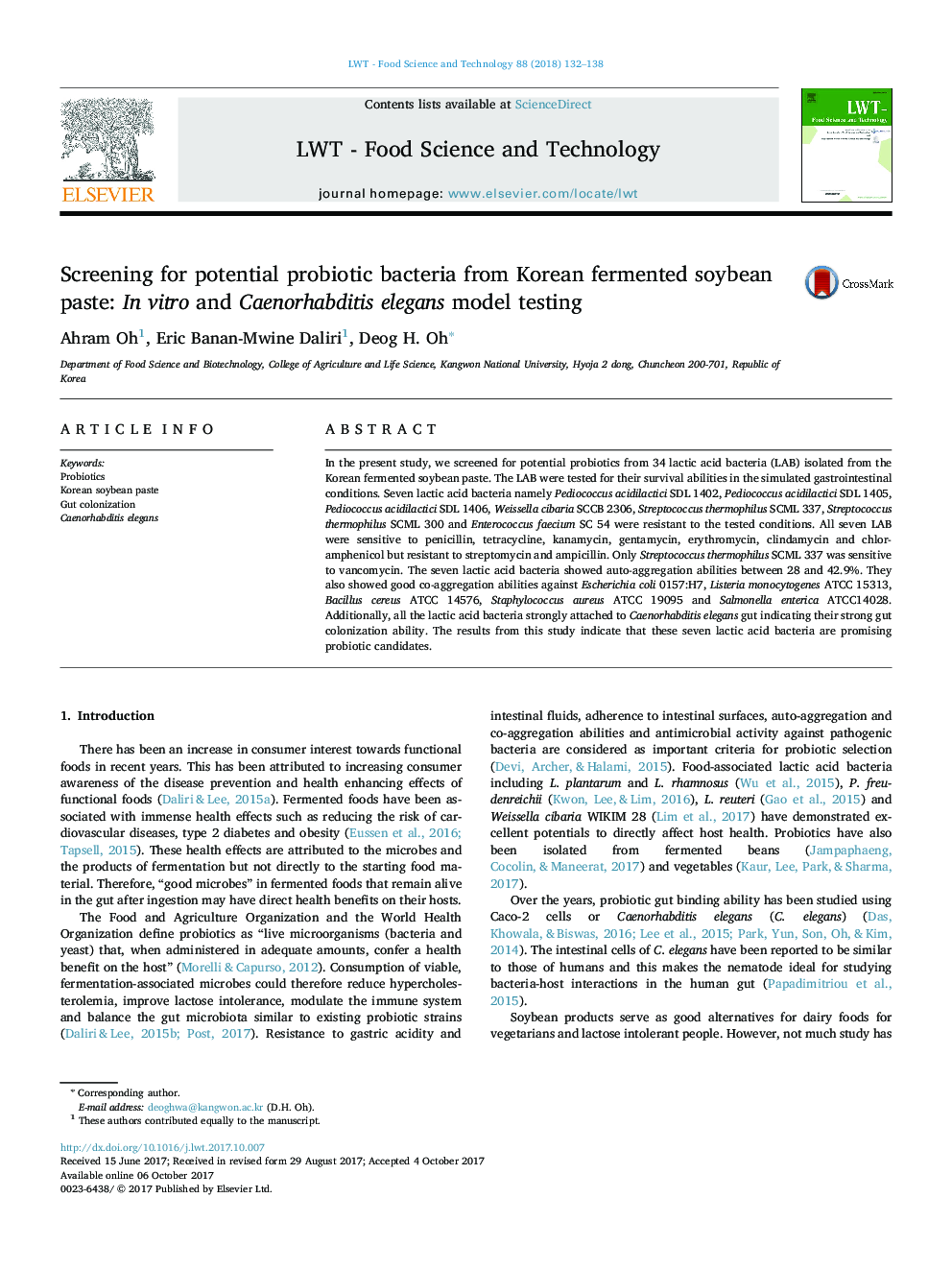 Screening for potential probiotic bacteria from Korean fermented soybean paste: In vitro and Caenorhabditis elegans model testing
