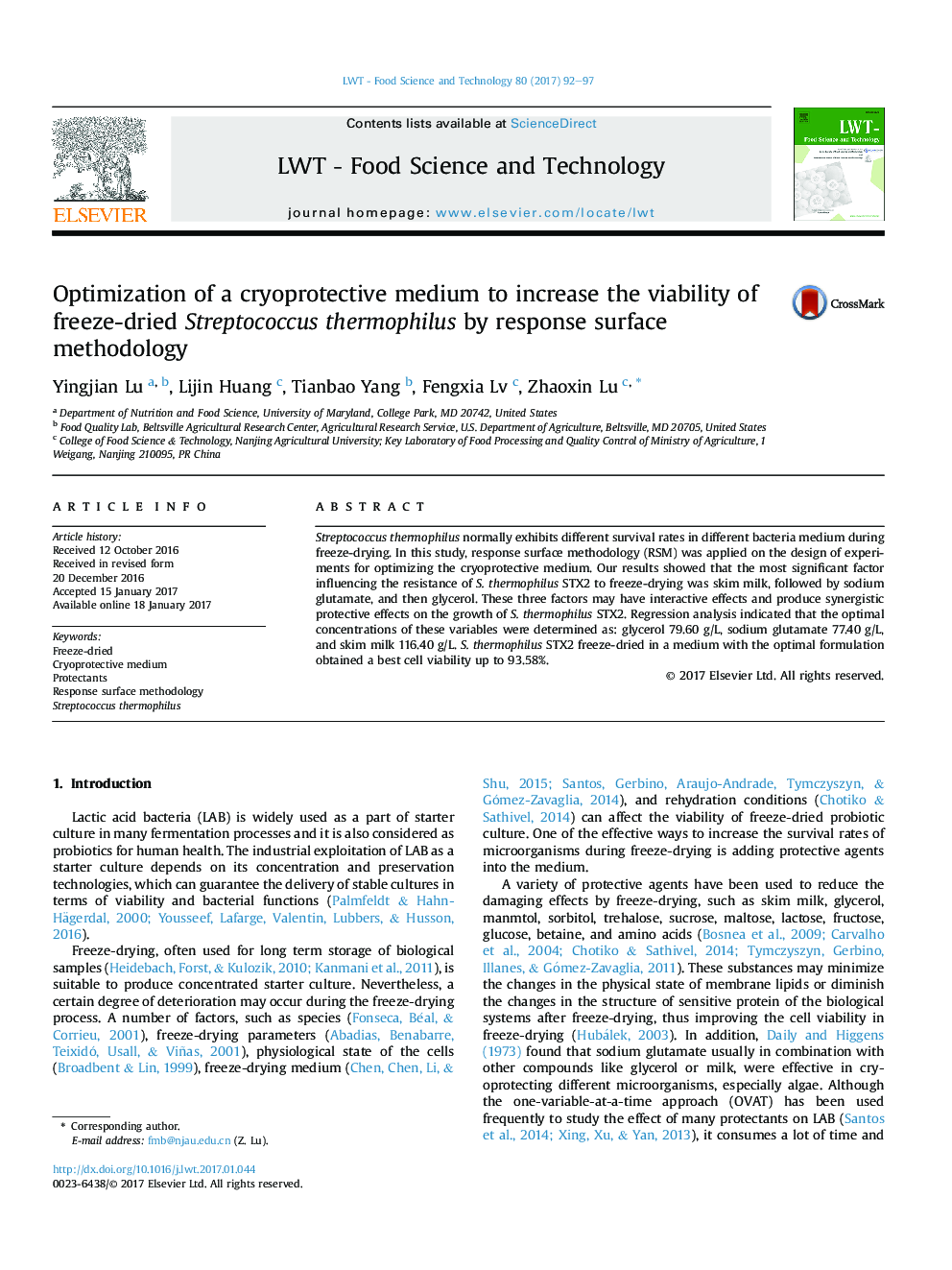 بهینه سازی یک محیط حفاظت کننده برای افزایش قابلیت انجماد استرپتوکوک ترموفیلوس با استفاده از روش سطح پاسخ 