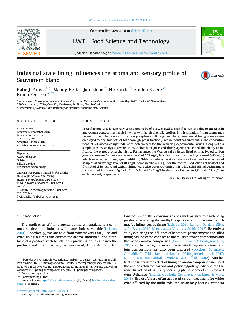 Industrial scale fining influences the aroma and sensory profile of Sauvignon blanc