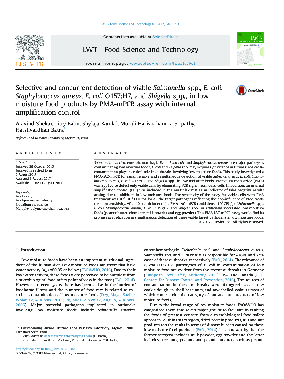 Selective and concurrent detection of viable Salmonella spp., E. coli, Staphylococcus aureus, E. coli O157:H7, and Shigella spp., in low moisture food products by PMA-mPCR assay with internal amplification control