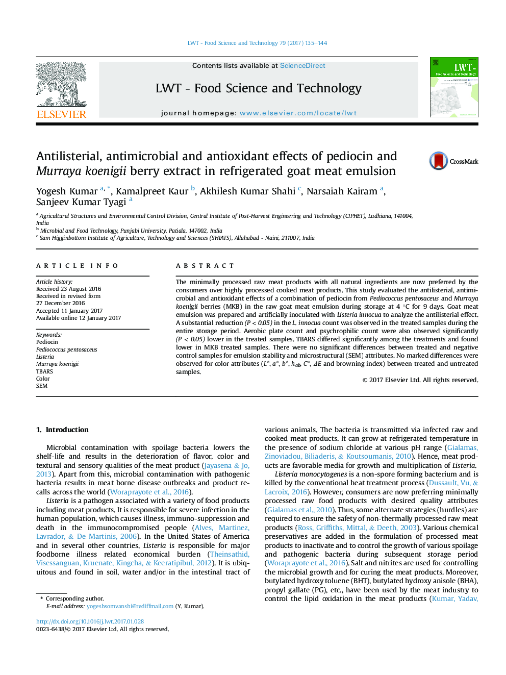 Antilisterial, antimicrobial and antioxidant effects of pediocin and Murraya koenigii berry extract in refrigerated goat meat emulsion