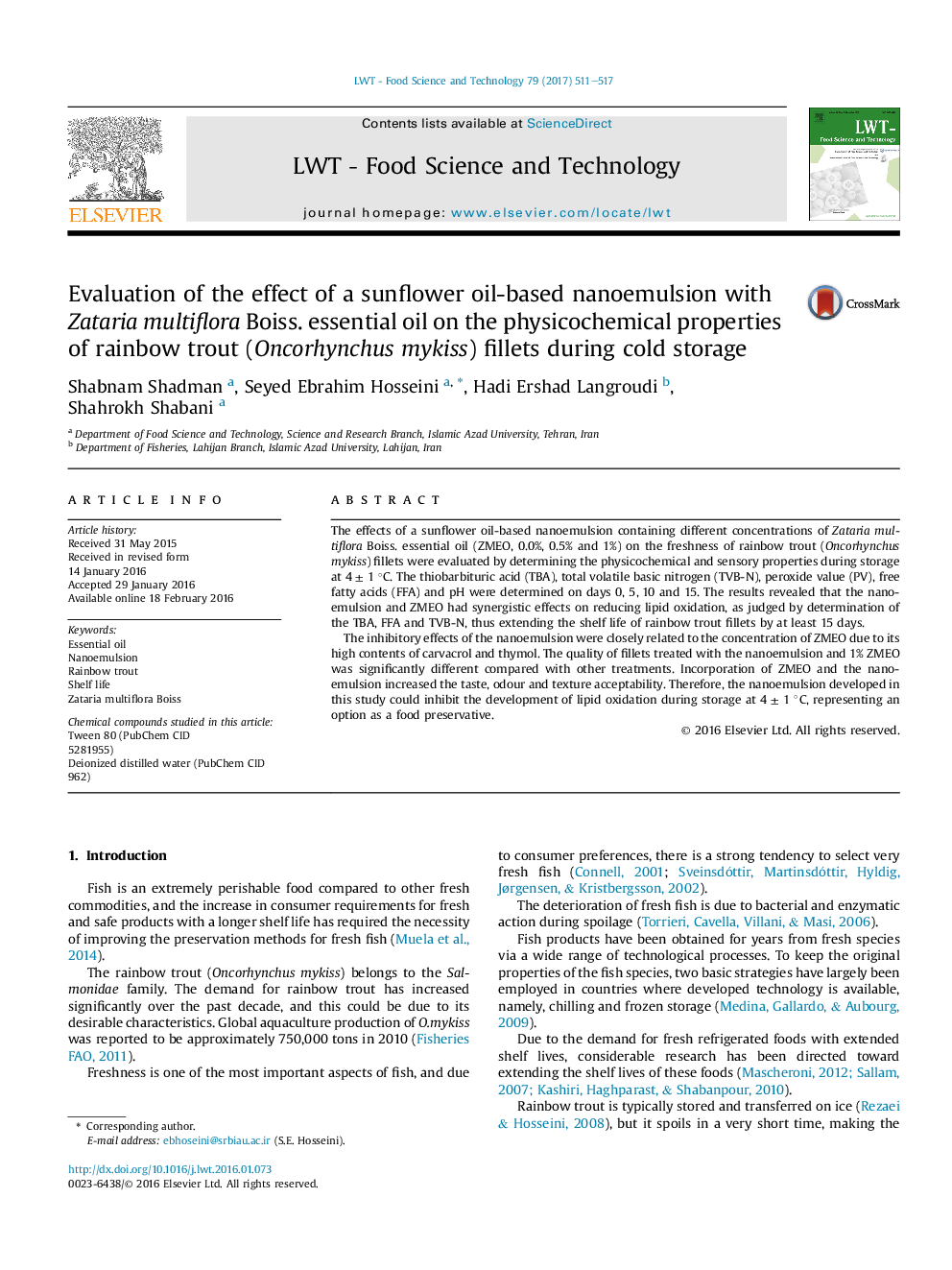 Evaluation of the effect of a sunflower oil-based nanoemulsion with Zataria multiflora Boiss. essential oil on the physicochemical properties of rainbow trout (Oncorhynchus mykiss) fillets during cold storage