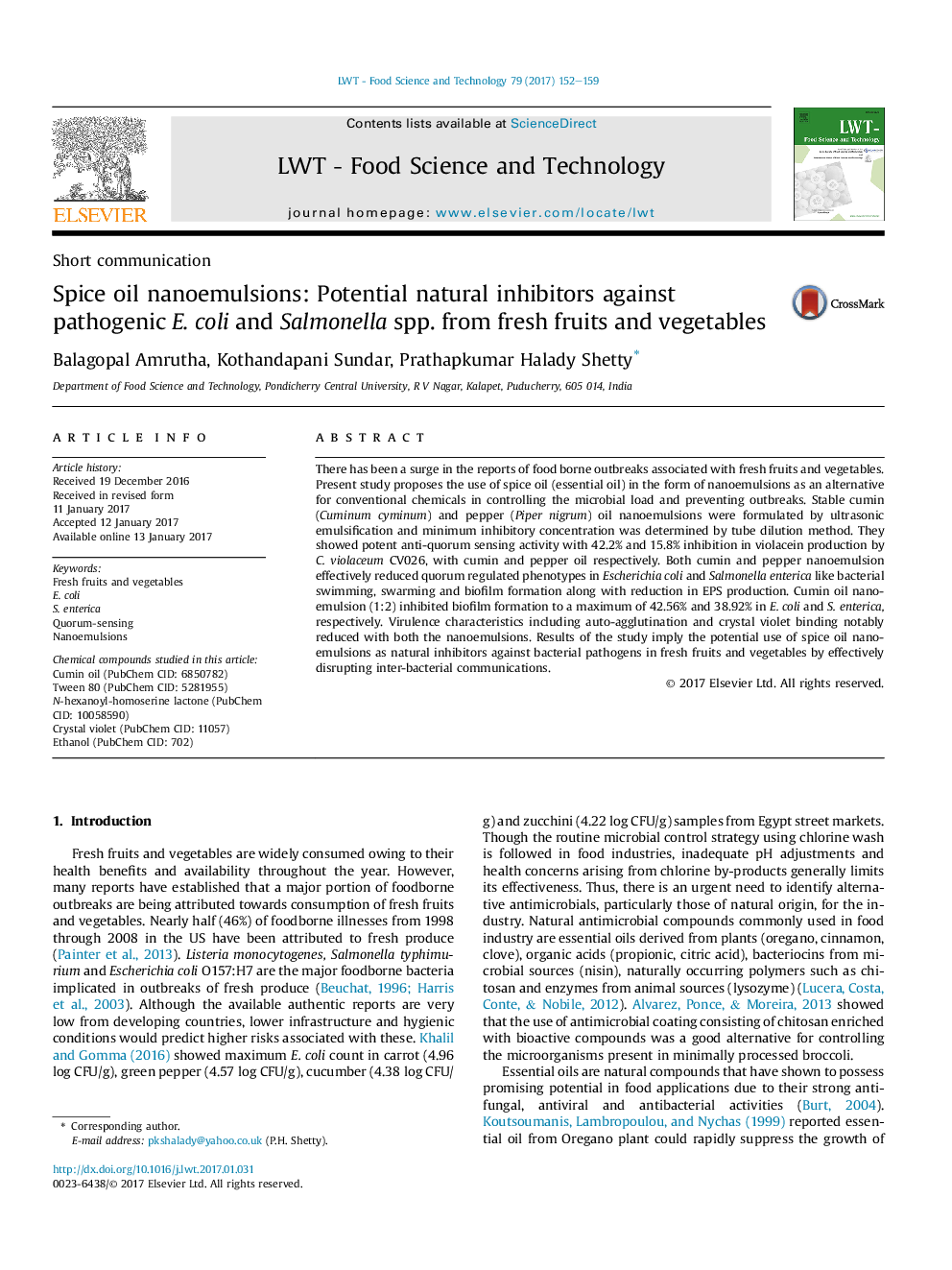 Short communicationSpice oil nanoemulsions: Potential natural inhibitors against pathogenic E.Â coli and Salmonella spp. from fresh fruits and vegetables