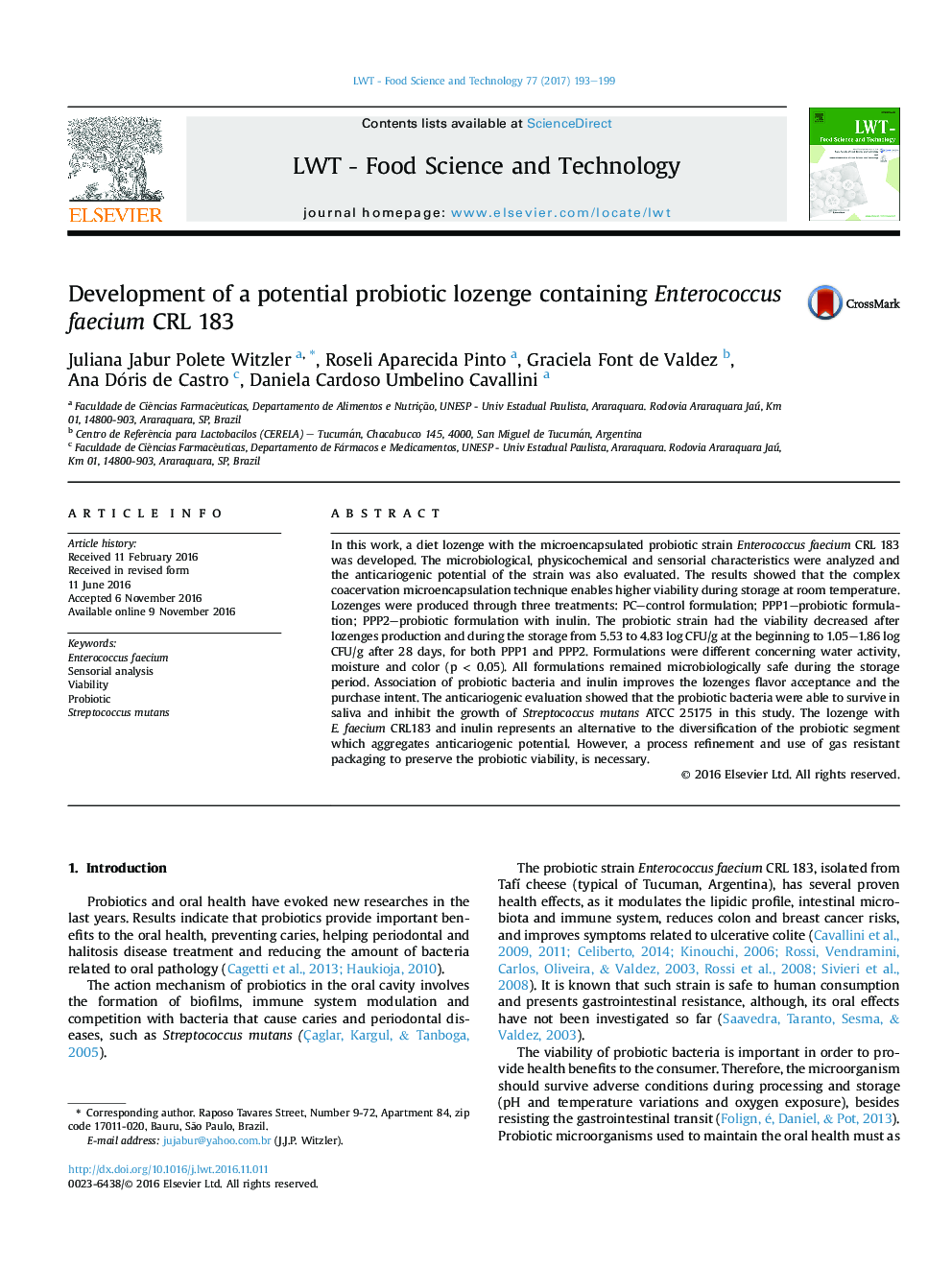 Development of a potential probiotic lozenge containing Enterococcus faecium CRL 183