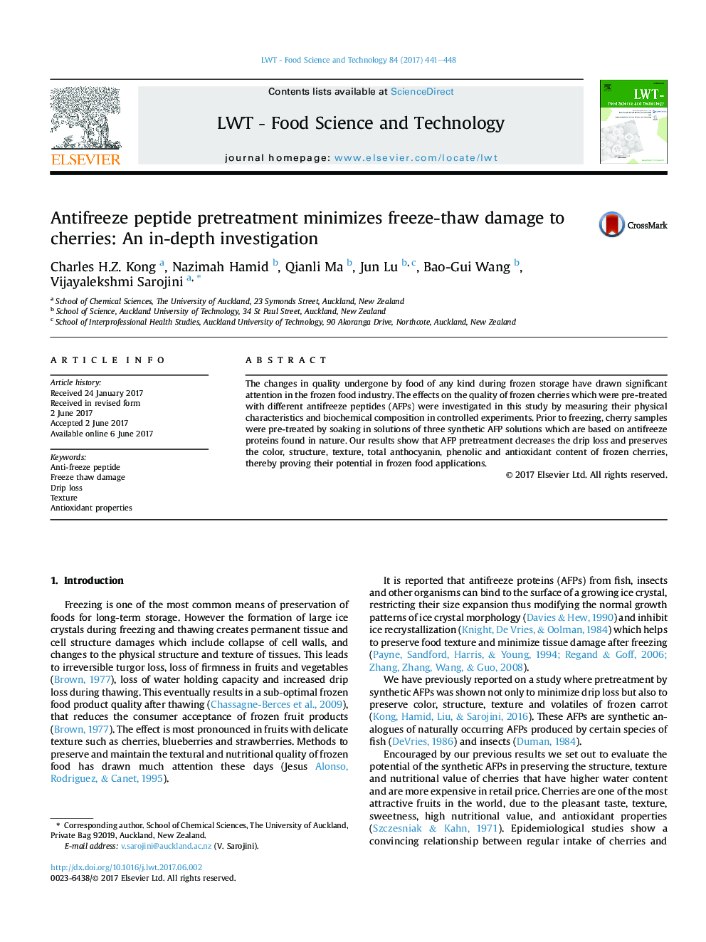 Antifreeze peptide pretreatment minimizes freeze-thaw damage to cherries: An in-depth investigation