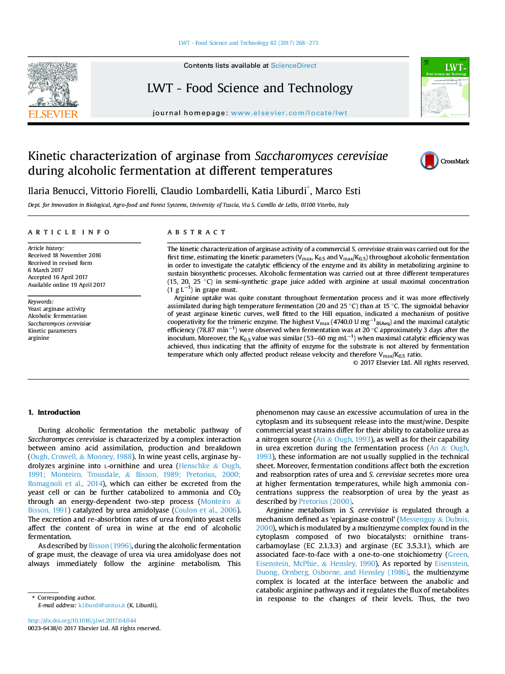 Kinetic characterization of arginase from Saccharomyces cerevisiae during alcoholic fermentation at different temperatures