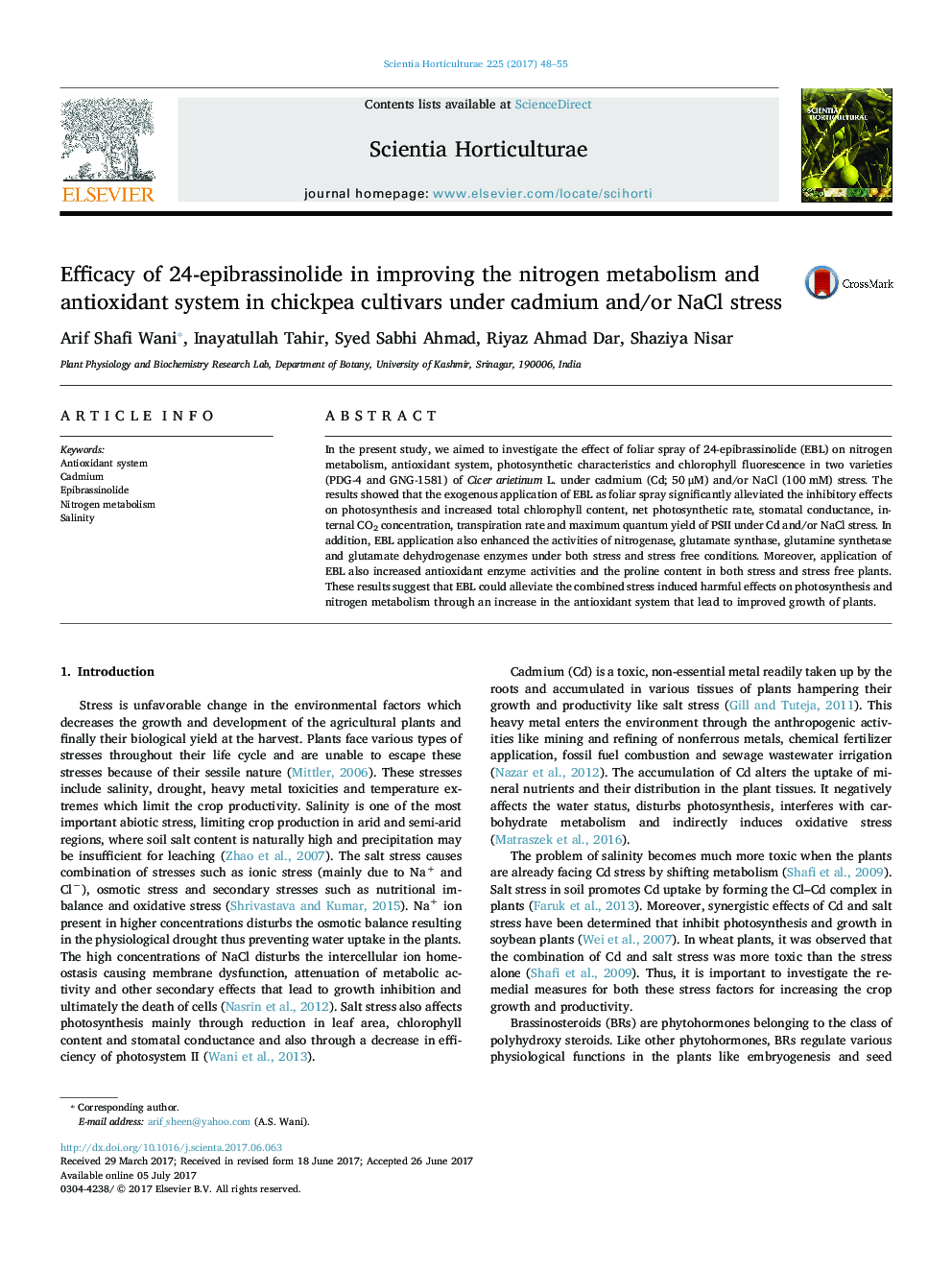 Efficacy of 24-epibrassinolide in improving the nitrogen metabolism and antioxidant system in chickpea cultivars under cadmium and/or NaCl stress