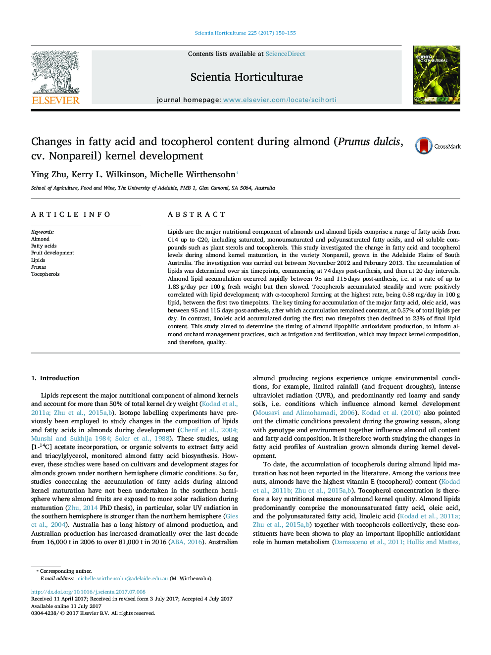 Changes in fatty acid and tocopherol content during almond (Prunus dulcis, cv. Nonpareil) kernel development