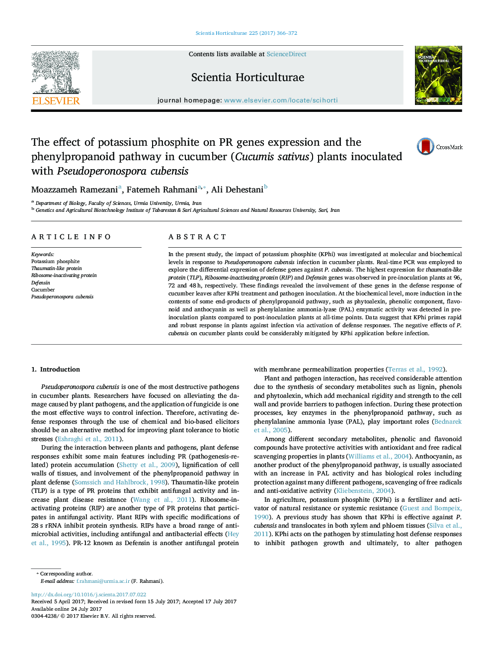 The effect of potassium phosphite on PR genes expression and the phenylpropanoid pathway in cucumber (Cucumis sativus) plants inoculated with Pseudoperonospora cubensis