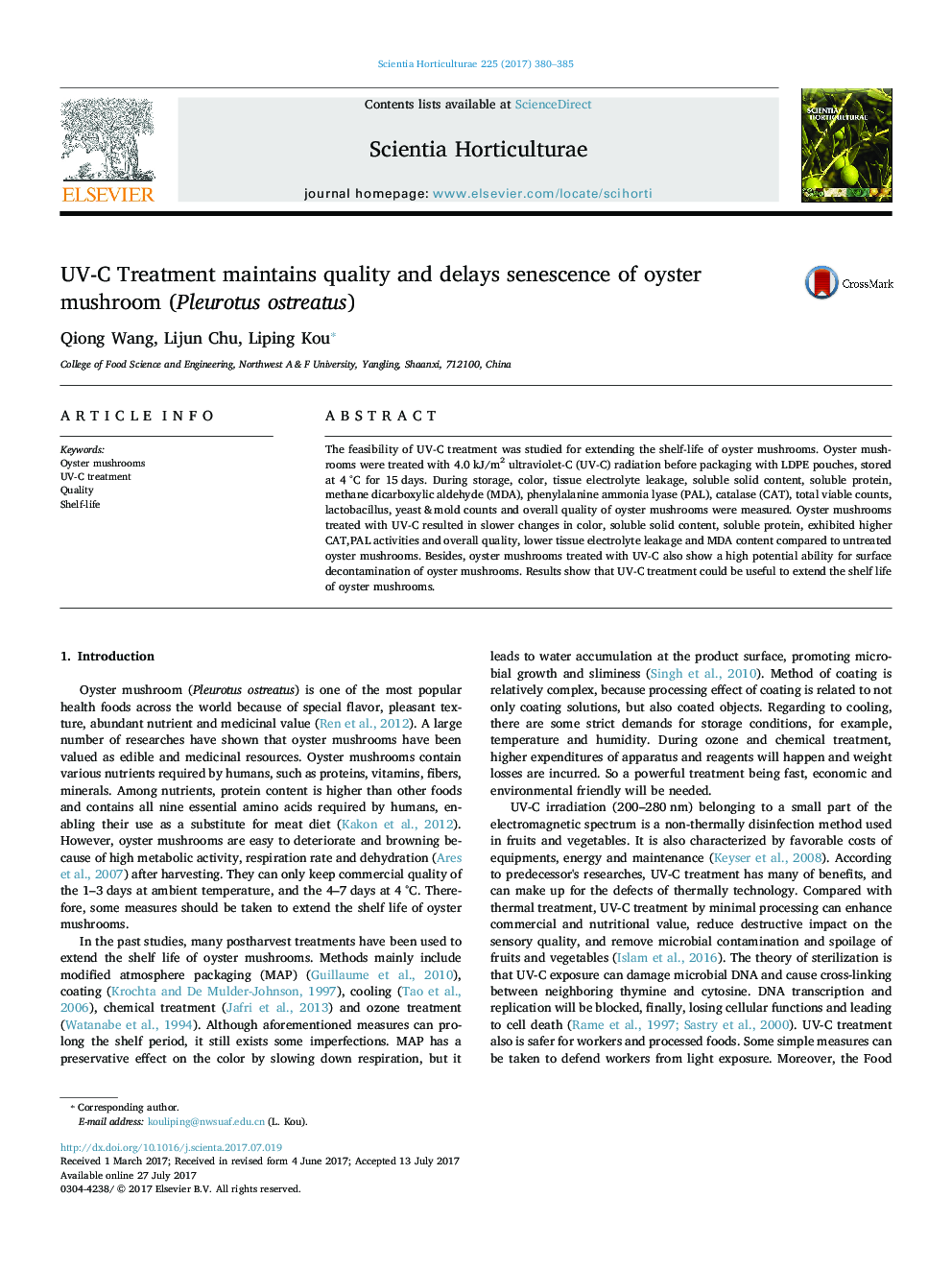 UV-C Treatment maintains quality and delays senescence of oyster mushroom (Pleurotus ostreatus)