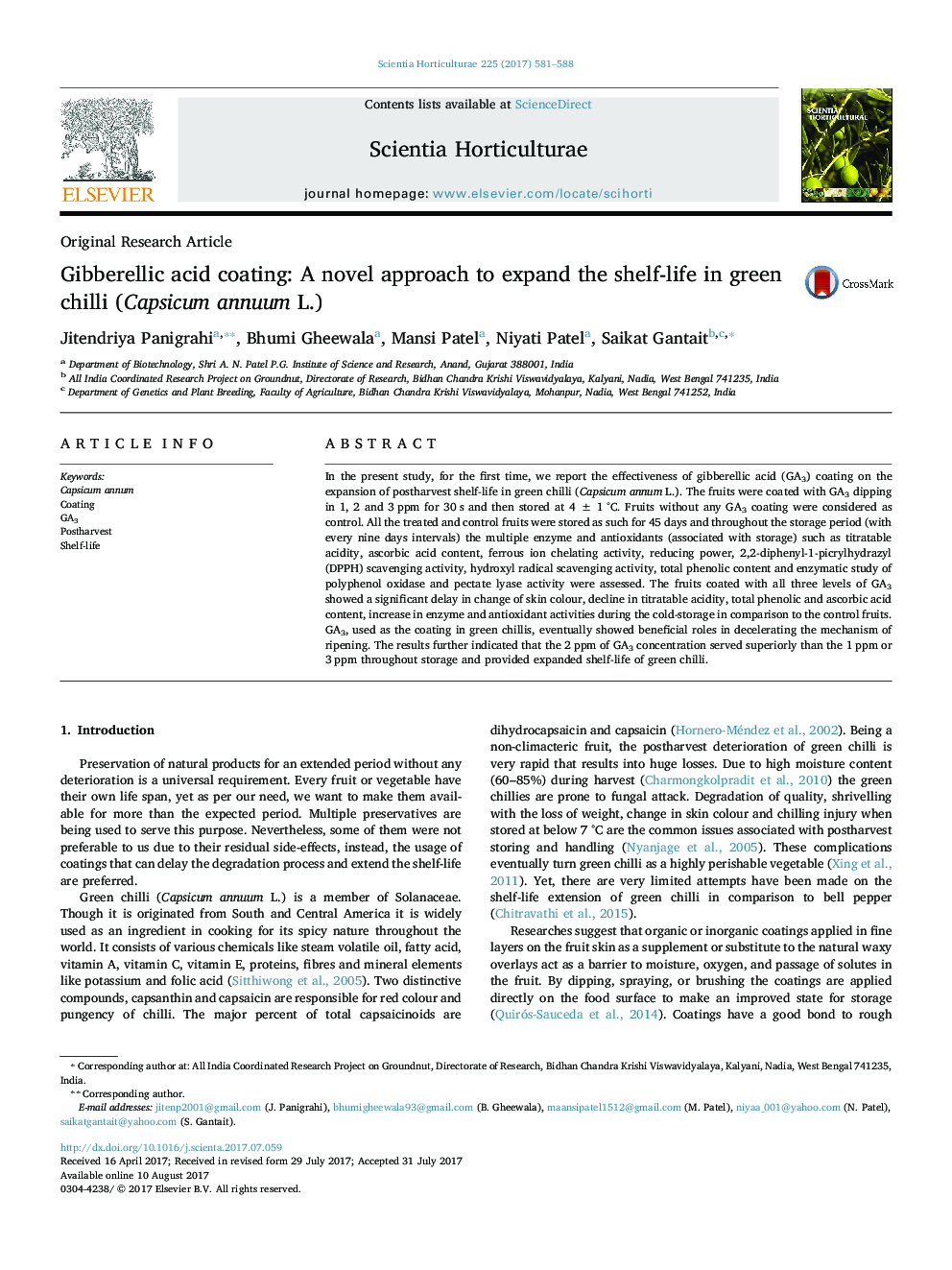 Original Research ArticleGibberellic acid coating: A novel approach to expand the shelf-life in green chilli (Capsicum annuum L.)