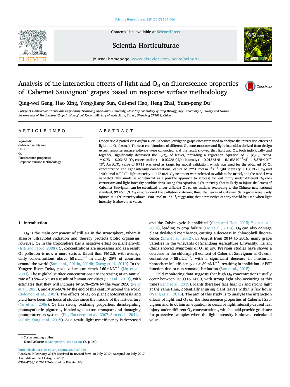 Analysis of the interaction effects of light and O3 on fluorescence properties of 'Cabernet Sauvignon' grapes based on response surface methodology