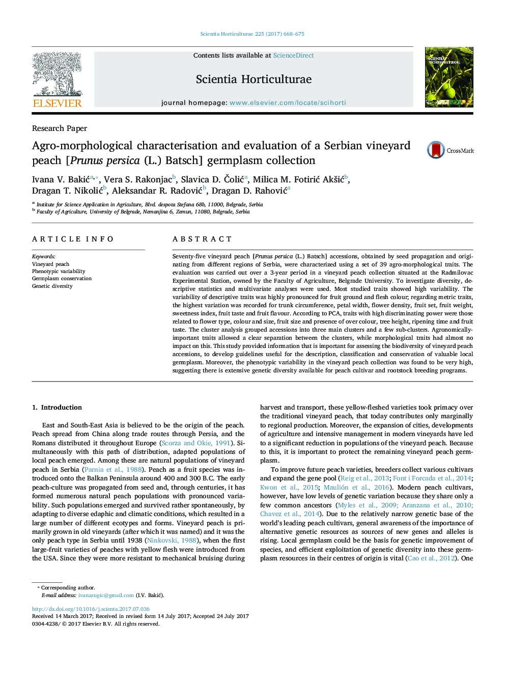 Research PaperAgro-morphological characterisation and evaluation of a Serbian vineyard peach [Prunus persica (L.) Batsch] germplasm collection