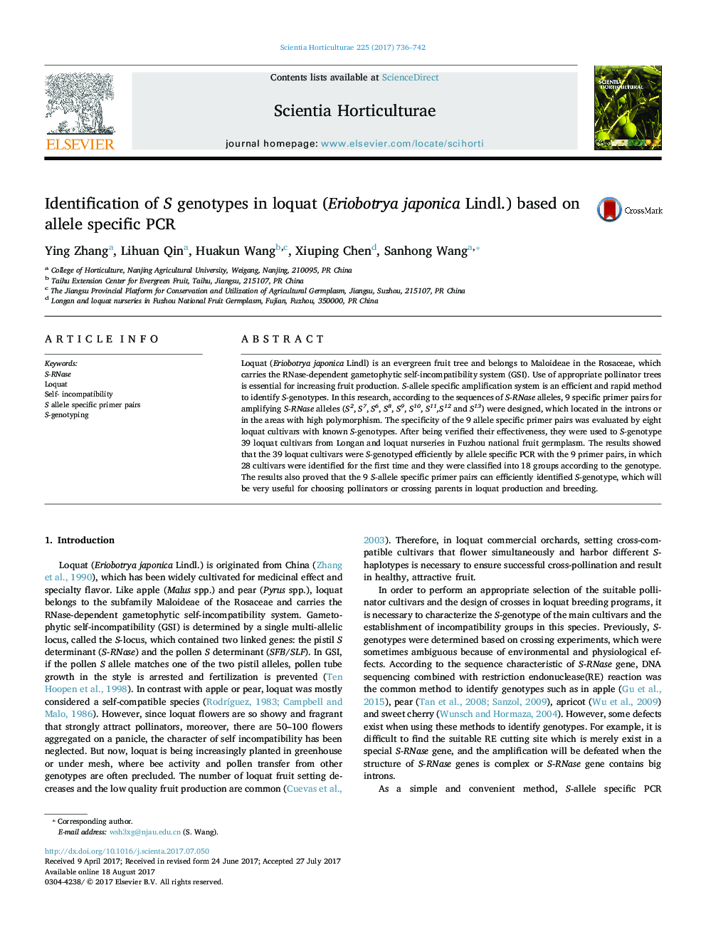 Identification of S genotypes in loquat (Eriobotrya japonica Lindl.) based on allele specific PCR