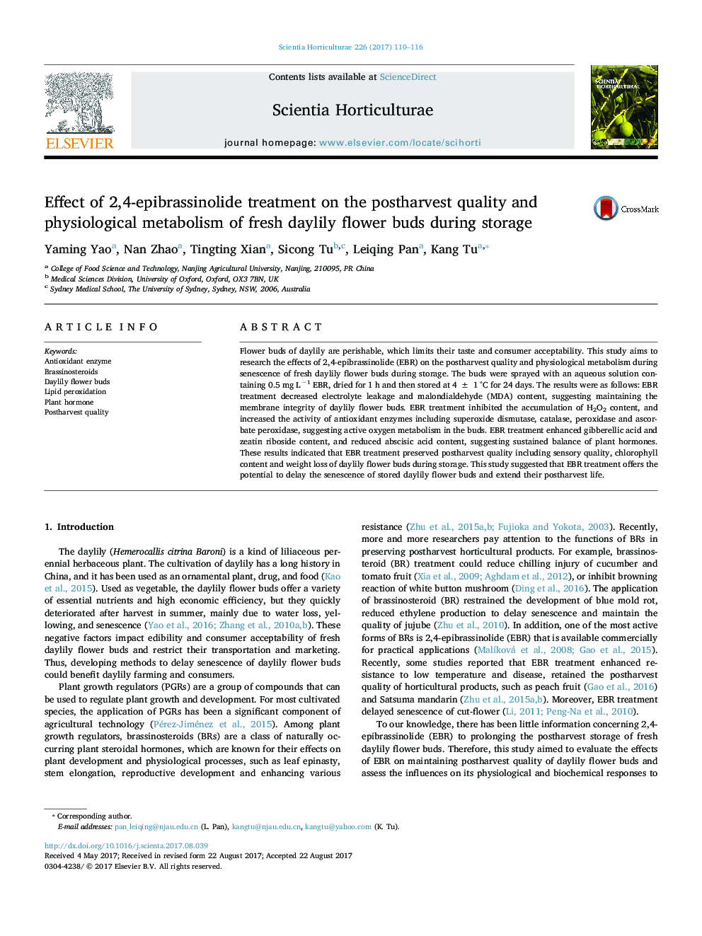 Effect of 2,4-epibrassinolide treatment on the postharvest quality and physiological metabolism of fresh daylily flower buds during storage