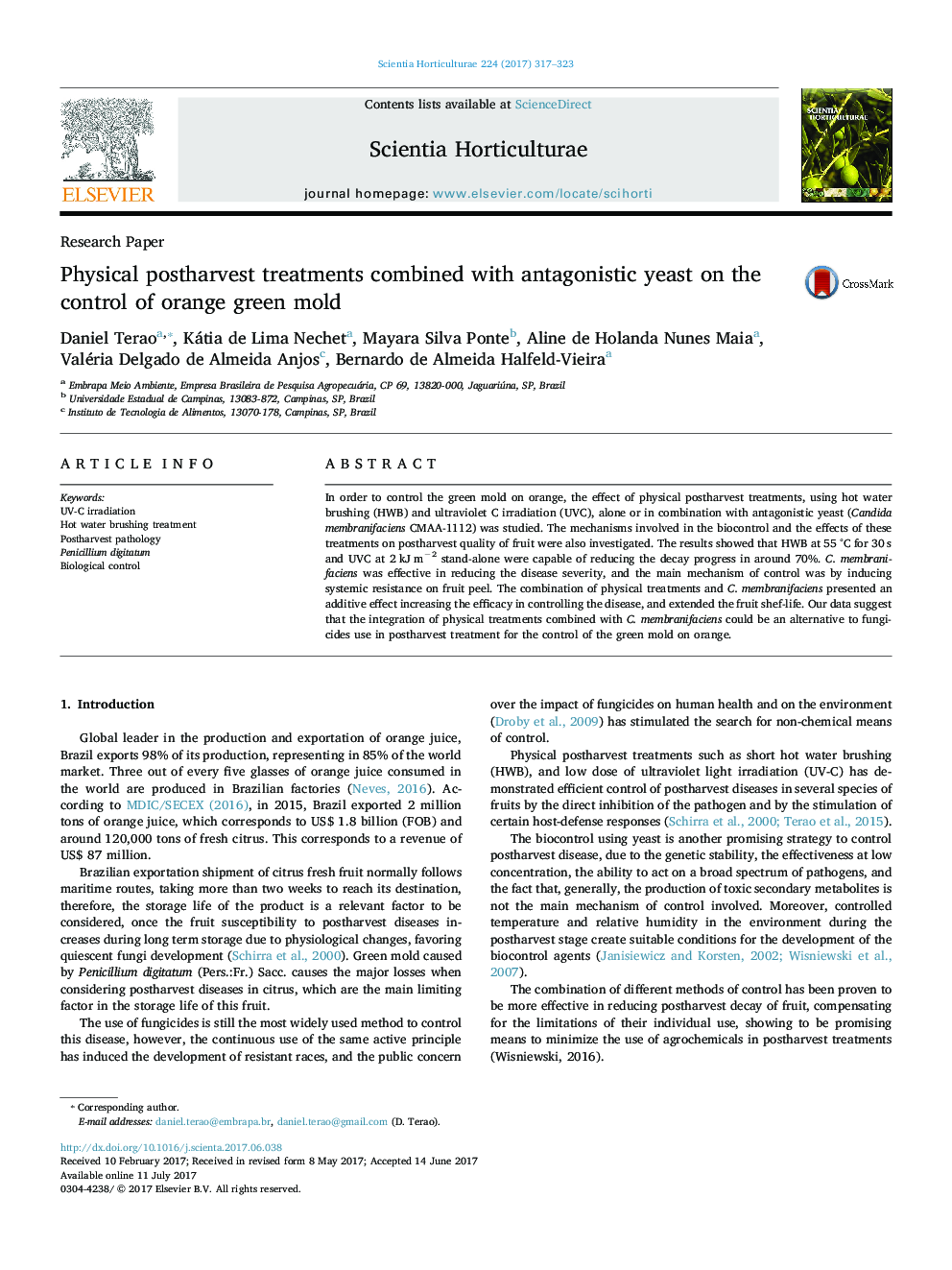 مقاله پژوهشی درمانهای بعد از رسیدگی فیزیکی همراه با مخمر آنتاگونیستی در کنترل قالب سبز نارنجی 