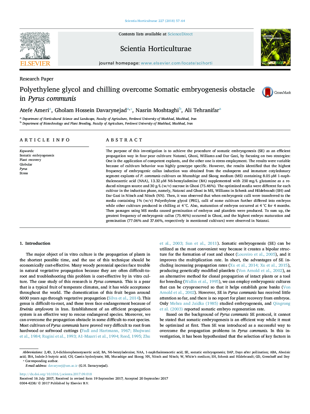 Research PaperPolyethylene glycol and chilling overcome Somatic embryogenesis obstacle in Pyrus communis