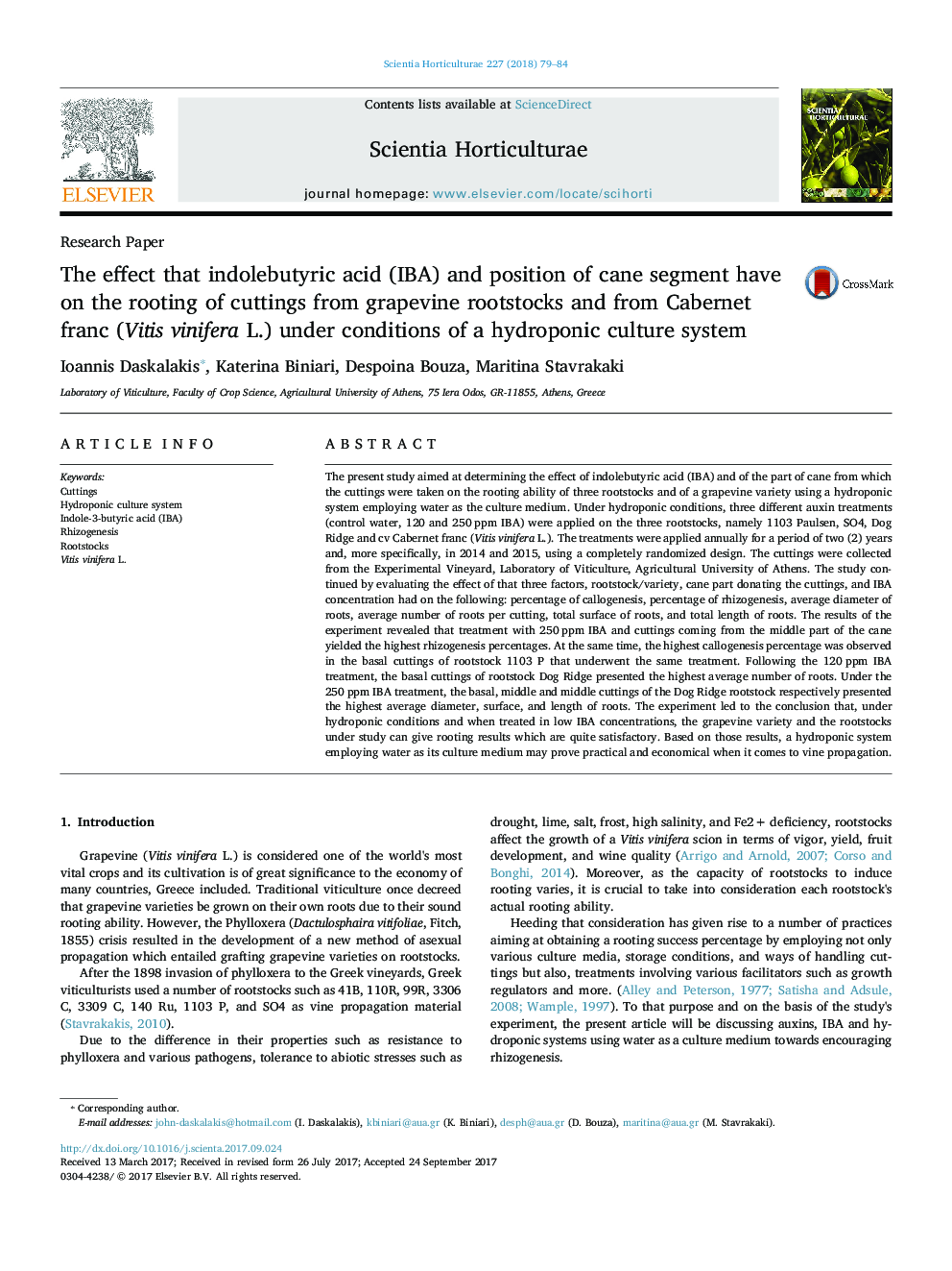 The effect that indolebutyric acid (IBA) and position of cane segment have on the rooting of cuttings from grapevine rootstocks and from Cabernet franc (Vitis vinifera L.) under conditions of a hydroponic culture system