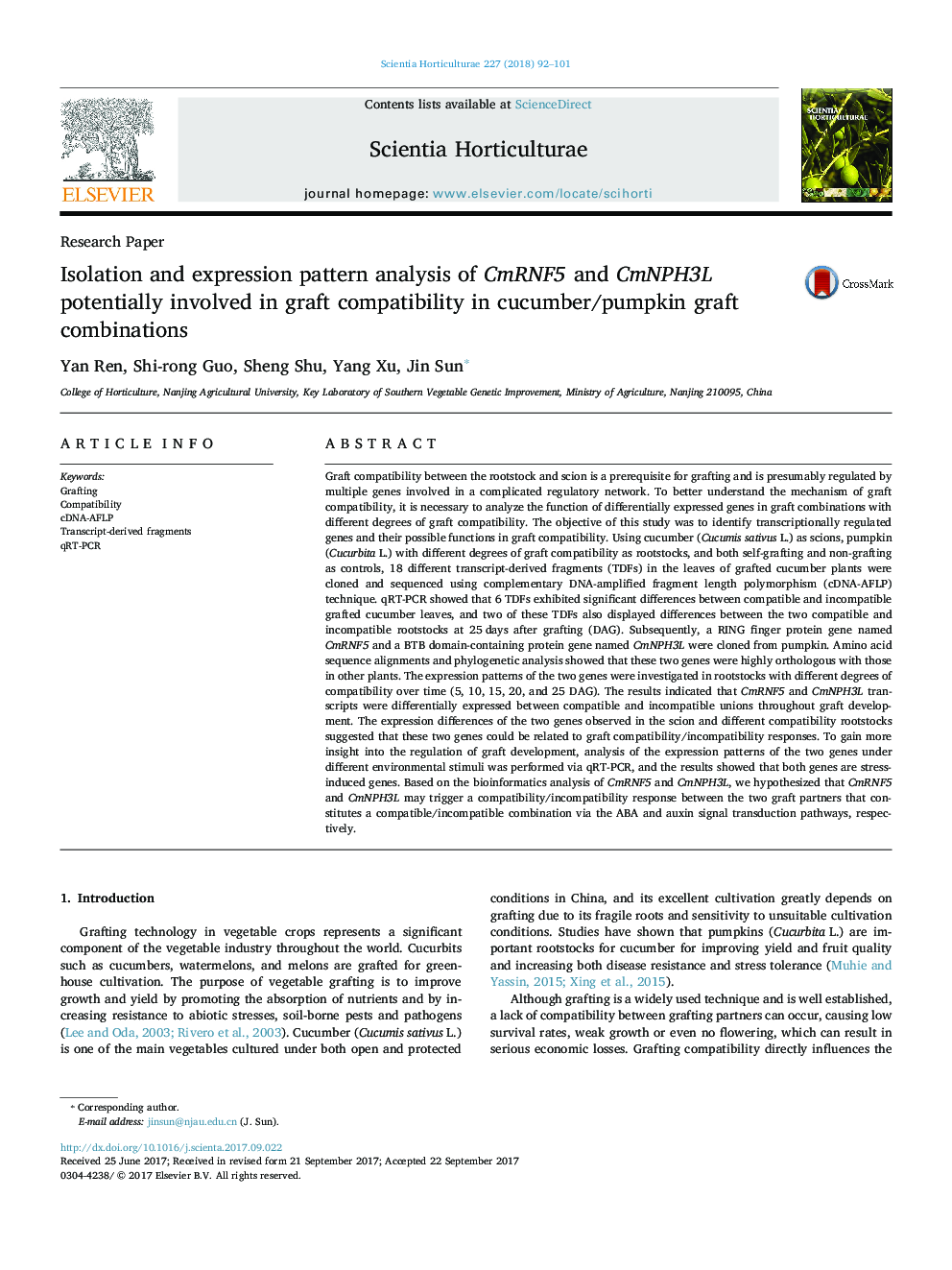 Research PaperIsolation and expression pattern analysis of CmRNF5 and CmNPH3L potentially involved in graft compatibility in cucumber/pumpkin graft combinations