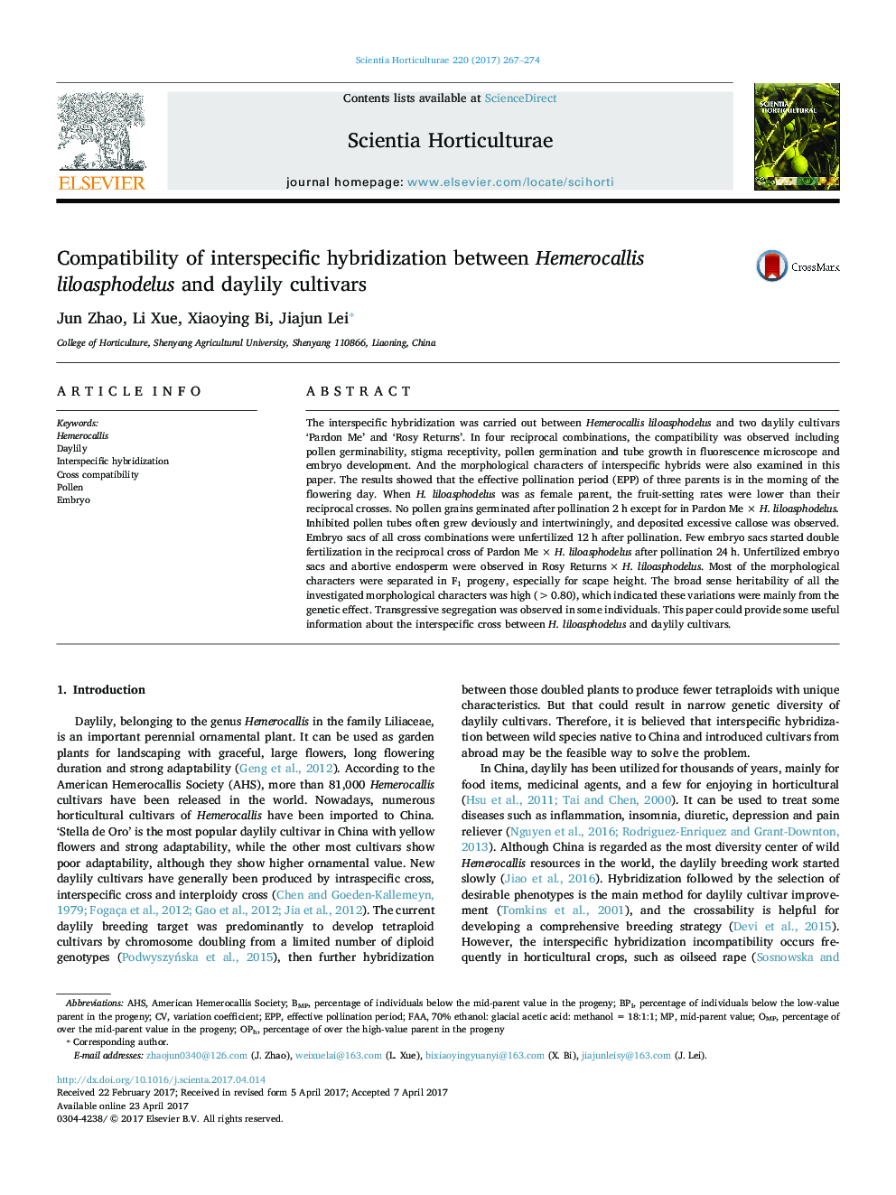 Compatibility of interspecific hybridization between Hemerocallis liloasphodelus and daylily cultivars