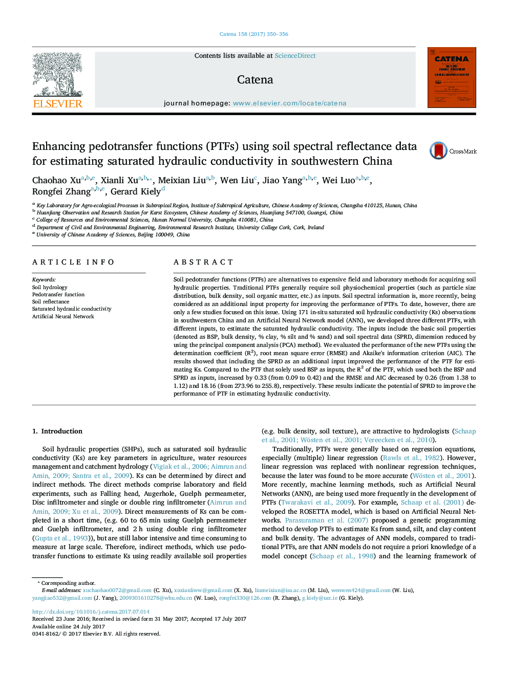 Enhancing pedotransfer functions (PTFs) using soil spectral reflectance data for estimating saturated hydraulic conductivity in southwestern China