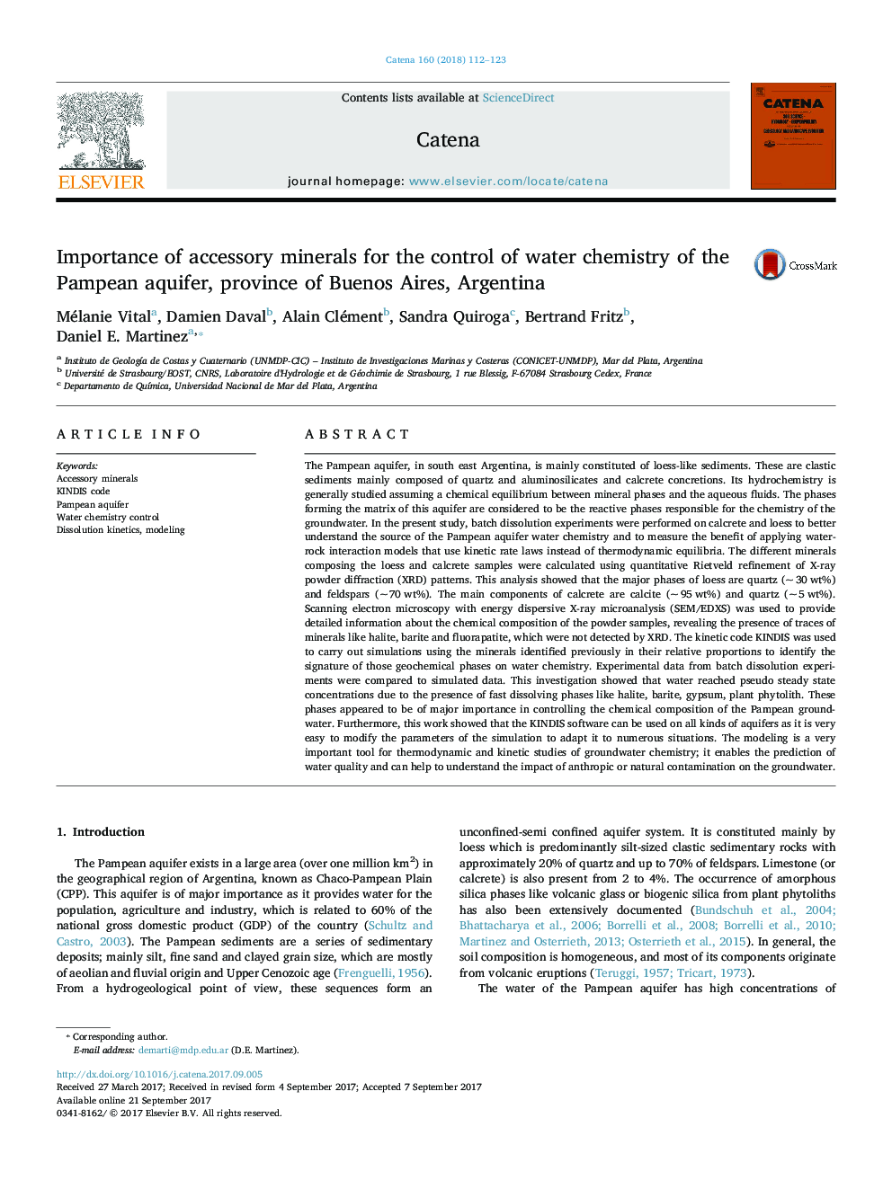 Importance of accessory minerals for the control of water chemistry of the Pampean aquifer, province of Buenos Aires, Argentina