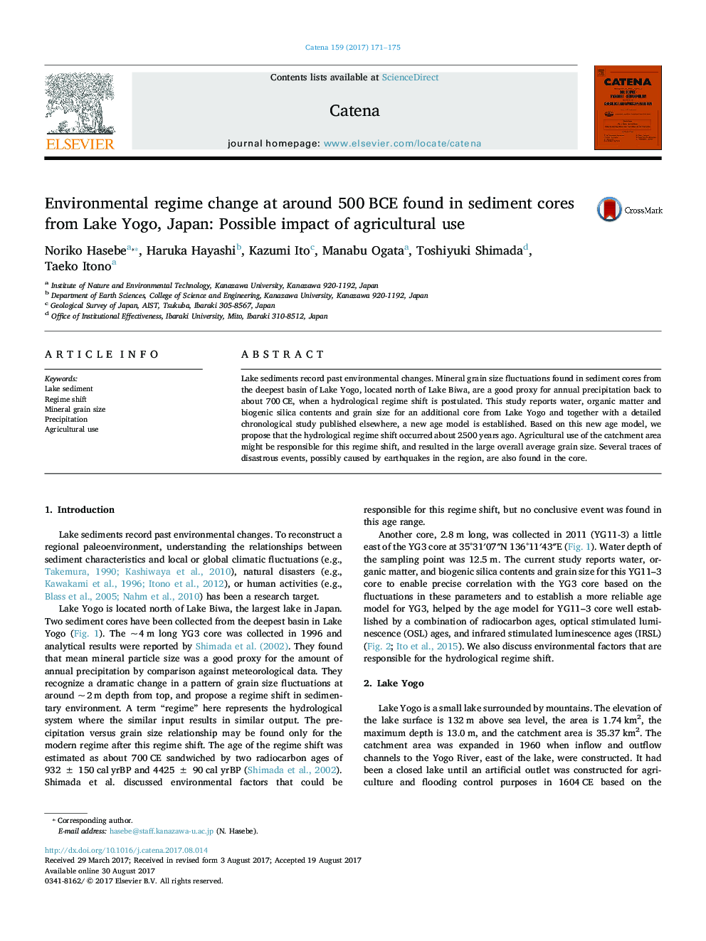 Environmental regime change at around 500Â BCE found in sediment cores from Lake Yogo, Japan: Possible impact of agricultural use